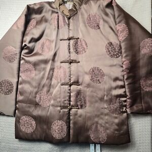 Vintage Chinese Tang Suit Jacket Brown Floral Medallion Frog Button Mandarin XL